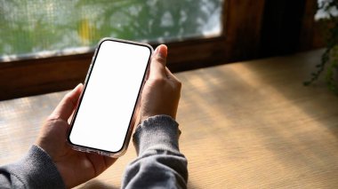 Doğal sabah ışığında mutfak tezgahının üzerinde boş ekran akıllı telefonu tutan kişi..