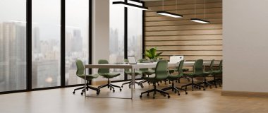 Yeşil sandalyeli ve panoramik şehir manzaralı modern toplantı odası 3D.