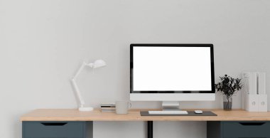 3B çalışma alanı oluşturma boş ekran bilgisayar ve ofis malzemesi ahşap masa üzerinde.