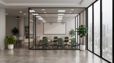 Gökdelen ile modern beyaz açık uzay ofisi iç mimarisi.