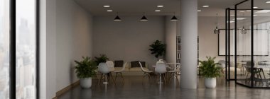 Rahat ol Conner modern ofis içinde şehir manzarası, 3 boyutlu görüntüleme.