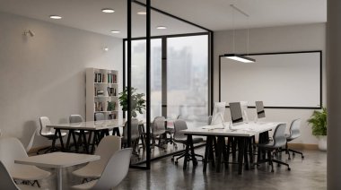 Şehir manzarası 3 boyutlu modern beyaz açık uzay ofisi iç mimarisi.