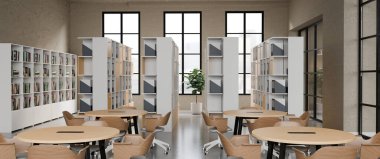 3D Modern kütüphane iç masa ve sandalye yumuşak gün ışığı altında uzun pencereler altında ahşap kitaplıklar.