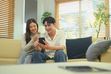 Genç çift kanepede dinleniyor, Sevgililer Günü 'nde akıllı telefonlarıyla internetten alışveriş yapıyorlar..