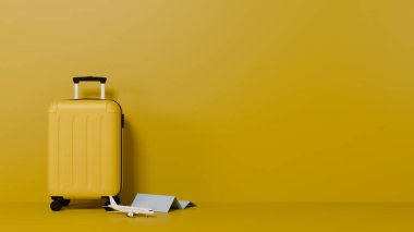 3D görüntüleme Sarı bavul, harita ve model uçak sarı zemin üzerinde kopyalama alanı ile.