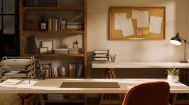 3D, gece vakti ev yapımı İskandinavya tarzı çalışma alanı.