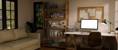 Stüdyo İskandinavya tarzında ev yapımı ofis çalışma alanı.