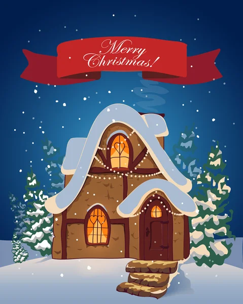 Cartão de felicitações de Natal com a paisagem da aldeia e queda de neve —  Vetores de Stock