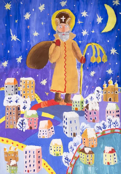 Children drawing in gouache "Saint Nicholas brings gifts to children" — Stock Photo, Image