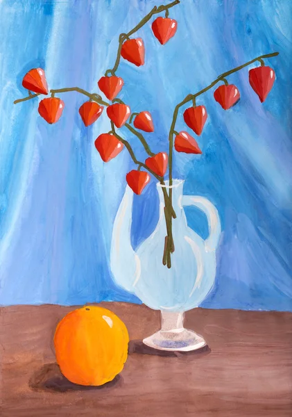 Kinderen tekenen in gouache "Stilleven met oranje en tak Physalis" — Stockfoto