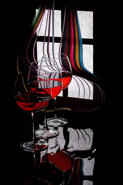 Still Life Glasses Red Wine Background Window Silhouette — Stock Photo, Image