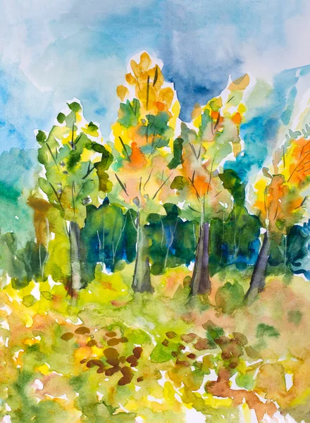 儿童水彩画 秋天的树木风景 — 图库照片