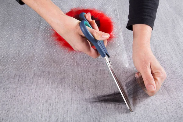 Women Hands Scissors Cut Wool Process Creating Product — Stock Photo, Image