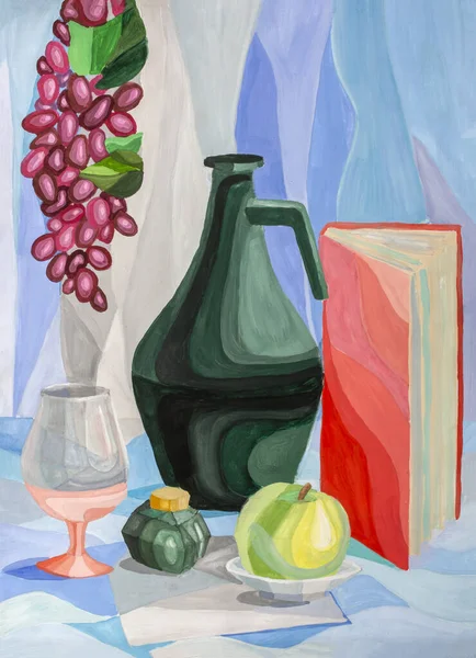 Still Life Grapes Decanter Red Book — Stock Photo, Image