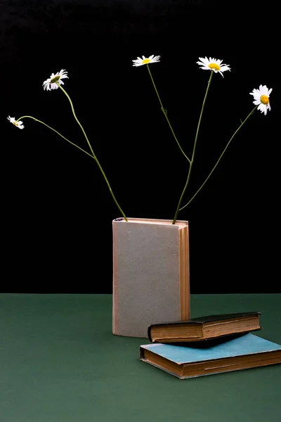 Nature Morte Avec Bouquet Marguerites Livres Sur Table — Photo