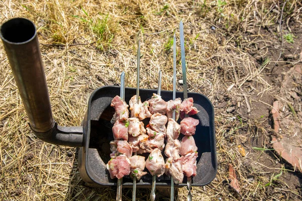 Barbecue Een Metalen Kachel Met Een Schoorsteen Buiten Bovenaanzicht — Stockfoto