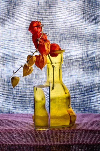 Still Life Yellow Vase Glass Water Branch Physalis — Stock Photo, Image