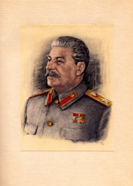 Card with a picture of  Stalin artist  Karpov, 1946 clipart