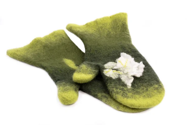 Mittens from felted wool on a white background — Stock Photo, Image