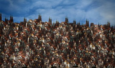 Collage with towers of an old building and a blue sky