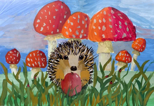 Детский рисунок "Ежик с яблоком на фоне грибов " — стоковое фото