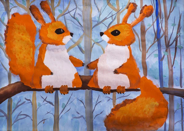 Dětský výkresu "dvě veverky v lese" — Stock fotografie