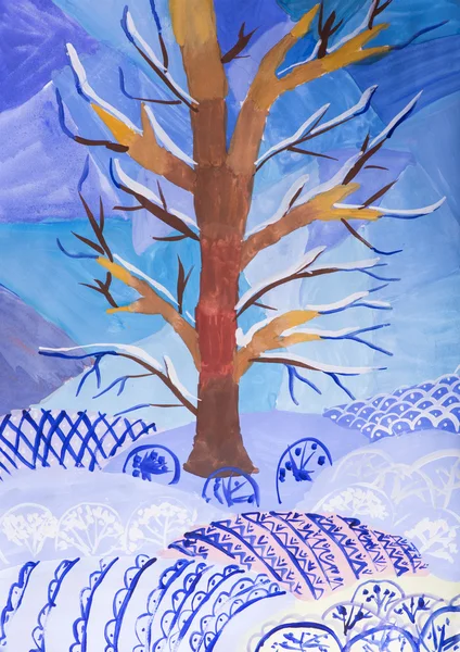 儿童绘画水粉"冬季景观" — 图库照片