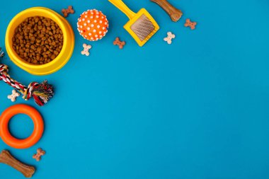 Mavi arka plandaki köpek için aksesuar seti. Sarı kase, tasma, top, şekerlemeler. İlgi dolu bir kavram. Köpek arka planı. Üst manzara, düz uzanma.