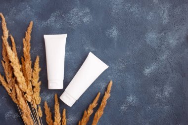 Mavi arka planda krema ve pampa otu tüpü. Güzellik konsepti. Üst Manzara. Minimalizm, model.