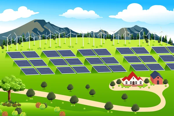 Granja de aerogeneradores y paneles solares — Vector de stock