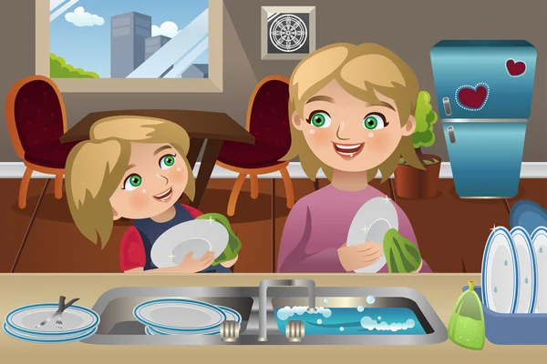 Материнские дочки моют посуду — стоковый вектор