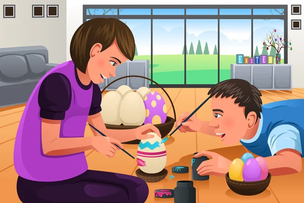 Kids Painting Easter Eggs — Stock Vector