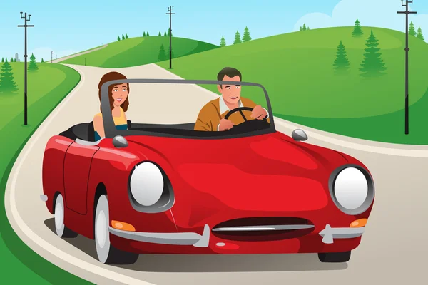 Pareja montando un coche convertible — Vector de stock