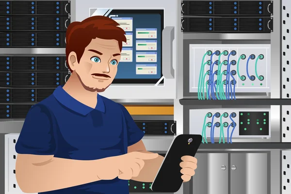Man Working in Computer Server Room — Stock Vector