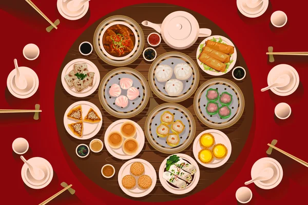 Dimsum Alimentos na mesa — Vetor de Stock