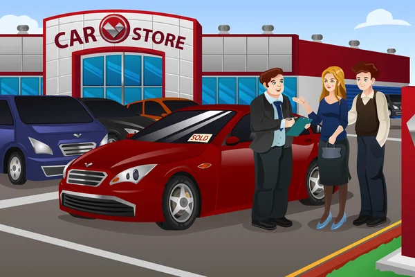 Pareja comprando coche nuevo — Vector de stock