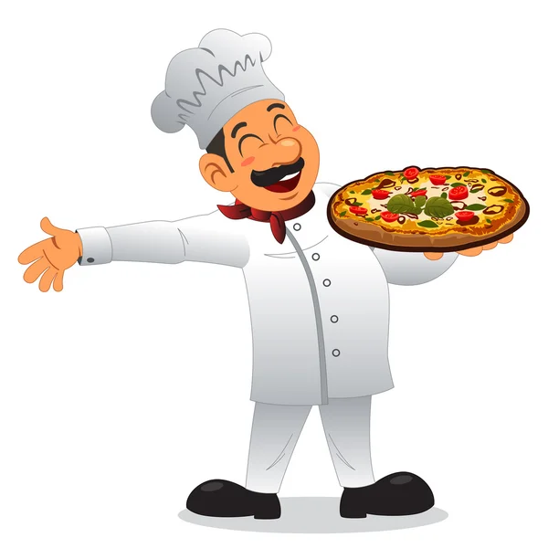 Koch hält einen Teller Pizza in der Hand — Stockvektor