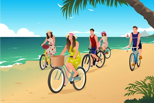 People Biking on the Beach — Stock Vector