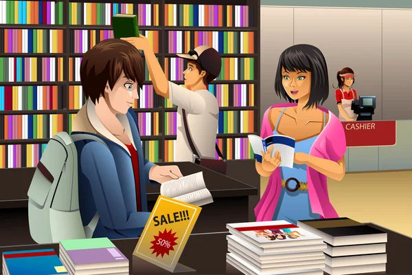 Mensen in een boekhandel — Stockvector