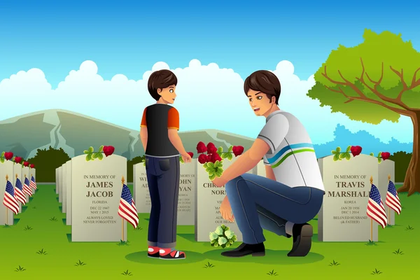 Батько сина відвідування кладовища в день пам'яті — стоковий вектор