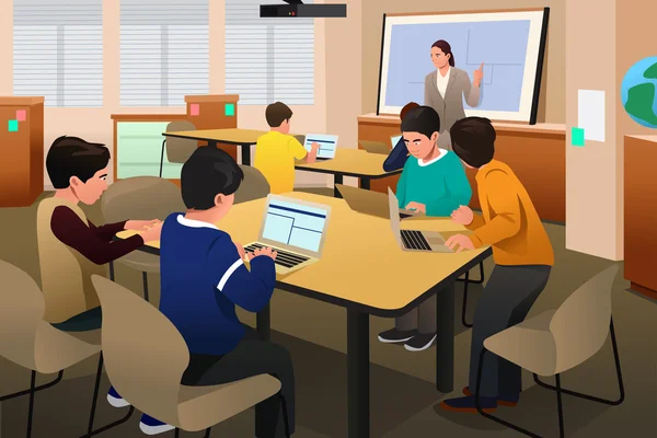 Bambini in classe di computer — Vettoriale Stock