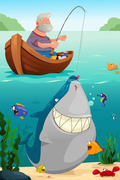 Hombre pescando en el lago — Vector de stock