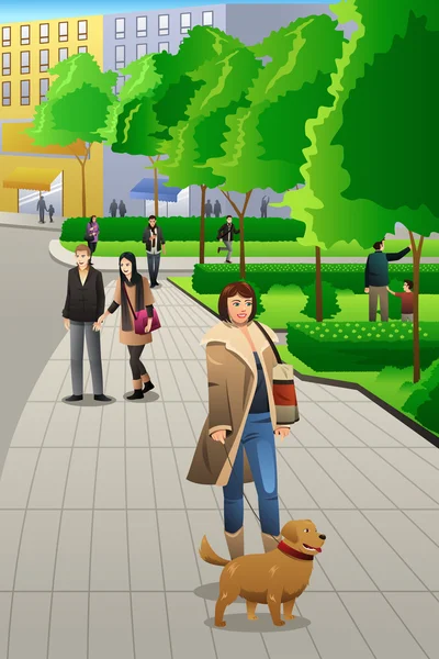 Mujer caminando con su perro — Archivo Imágenes Vectoriales