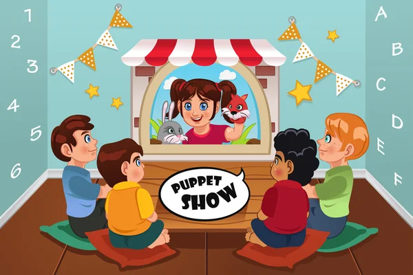 Crianças assistindo Puppet Show — Vetor de Stock