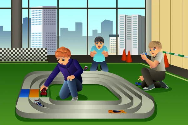 Діти грають в іграшкові автомобілі гонки — стоковий вектор