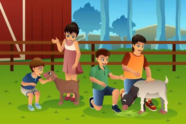 Niños en un zoológico de mascotas — Vector de stock