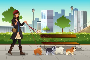 Woman Walking with Her Dogs clipart