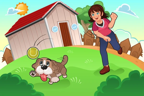 Fille jouer avec son chien — Image vectorielle