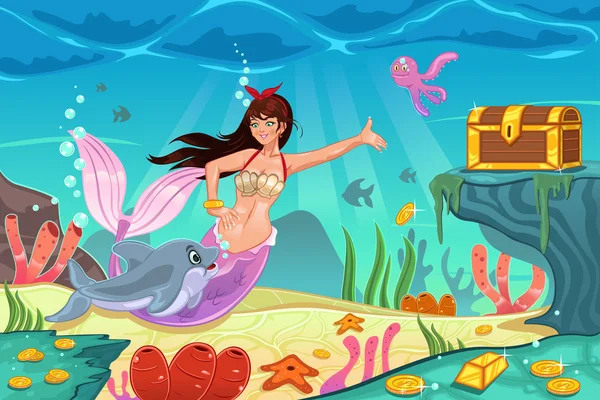 Sirena en escena submarina — Vector de stock