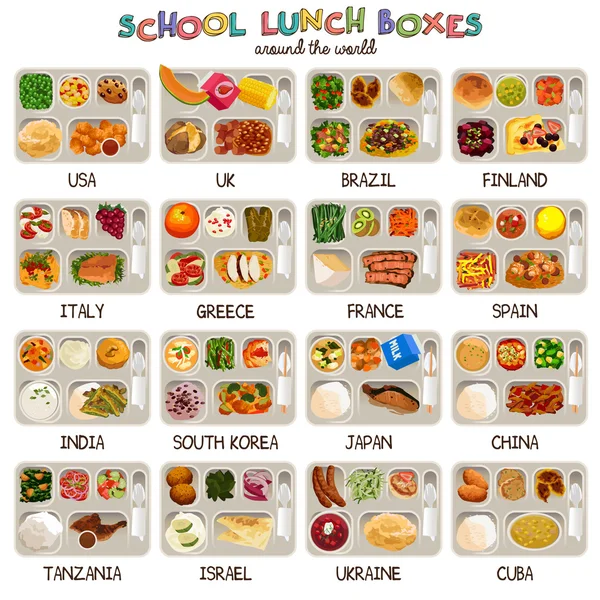 Cajas de almuerzo escolar Iconos — Archivo Imágenes Vectoriales